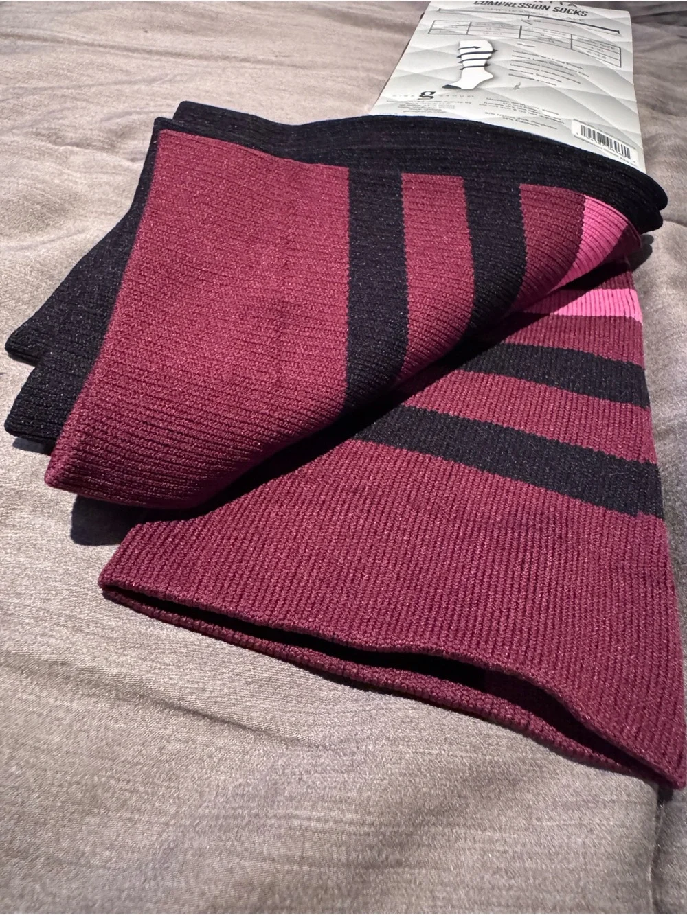 Maroon & Pink Stripe and Black Compression Socks